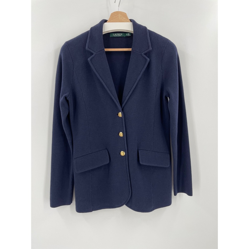 Lauren Ralph Lauren Navy Blue Sweater-Knit Blazer‎ Gold Crest Buttons M Preppy